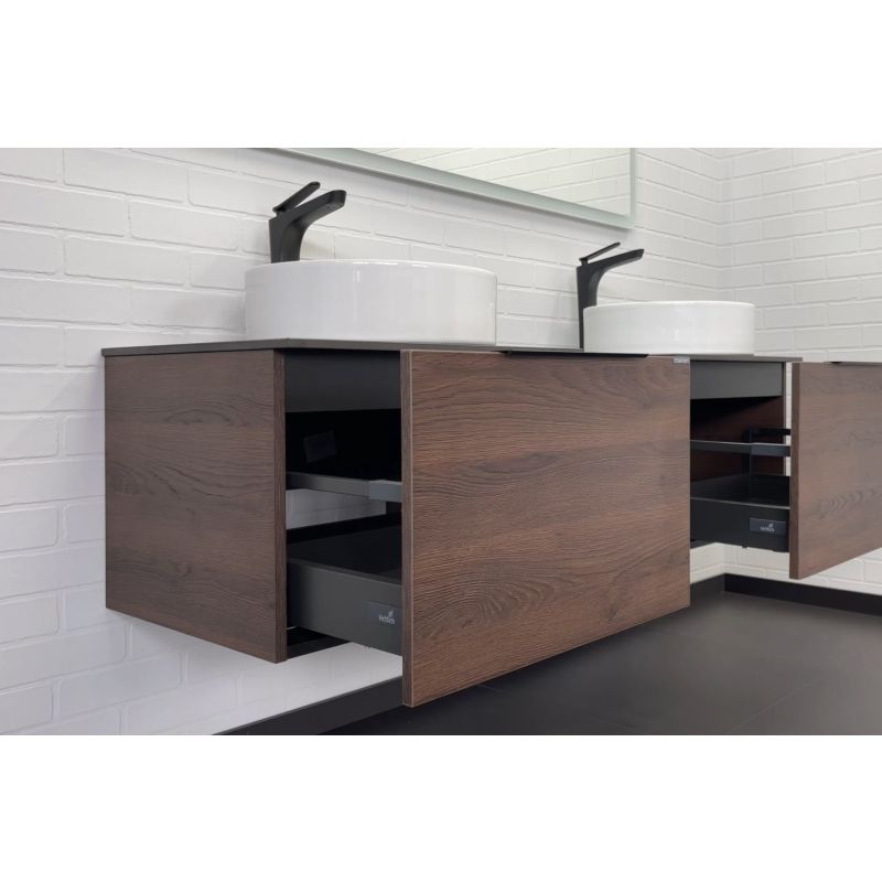 Тумба с раковиной Comforty Портленд-150 00-00013687 дуб шоколадно-коричневый со столешницей под мрамор Калакатта Блэк c раковинами Comforty 9110