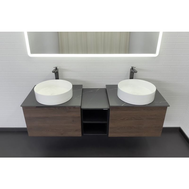 Тумба с раковиной Comforty Портленд-150 00-00013687 дуб шоколадно-коричневый со столешницей под мрамор Калакатта Блэк c раковинами Comforty 9110