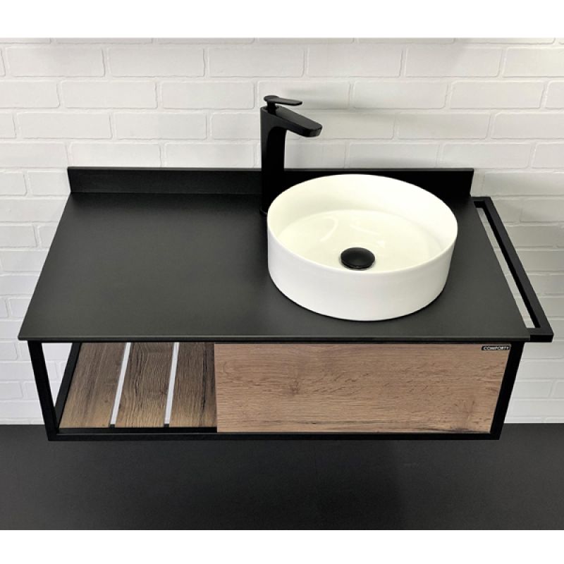 Тумба с раковиной Comforty "Лиссабон-95" 00-00006558 дуб темный с правой черной столешницей с раковиной Comforty 9111