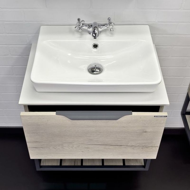 Тумба с раковиной Comforty Порто-60 00-00011395 дуб дымчатый с белой столешницей c раковиной Comforty 9055RA-50