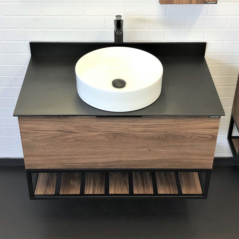 Тумба с раковиной Comforty Порто-90 00-00008927 дуб тёмно-коричневый с черной столешницей c раковиной Comforty 9110