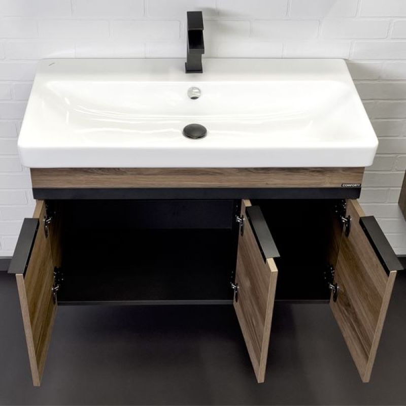 Тумба с раковиной Comforty Соло-90 00-00010979 дуб тёмно-коричневый с раковиной Адриана 90