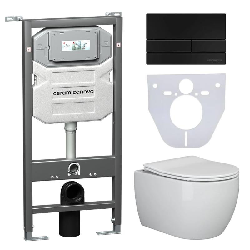 Комплект унитаза с инсталляцией Ceramicanova Play CN3001_1002B_1000 с сиденьем Микролифт и Черной матовой клавишей смыва Комплект унитаза с инсталляцией Ceramicanova Play CN3001_1002B_1000 с сиденьем Микролифт и Черной матовой клавишей смыва