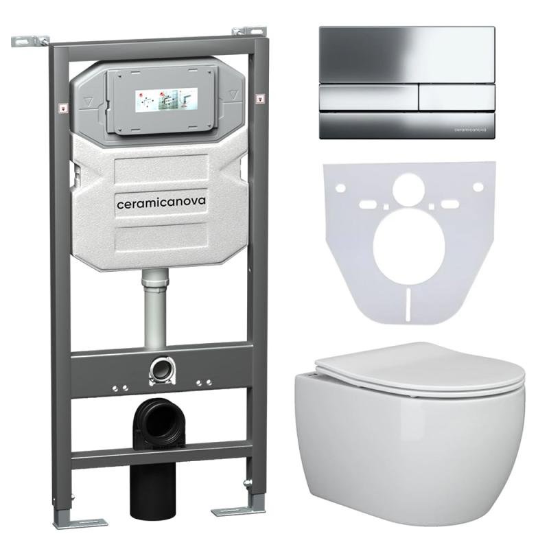 Комплект унитаза с инсталляцией Ceramicanova Play CN3001_1002CH_1000 с сиденьем Микролифт и клавишей смыва Хром Комплект унитаза с инсталляцией Ceramicanova Play CN3001_1002CH_1000 с сиденьем Микролифт и клавишей смыва Хром