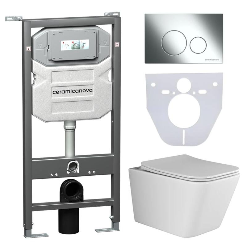 Комплект унитаза с инсталляцией Ceramicanova Metric CN3007_1001CH_1000 с сиденьем Микролифт и клавишей смыва Хром Комплект унитаза с инсталляцией Ceramicanova Metric CN3007_1001CH_1000 с сиденьем Микролифт и клавишей смыва Хром