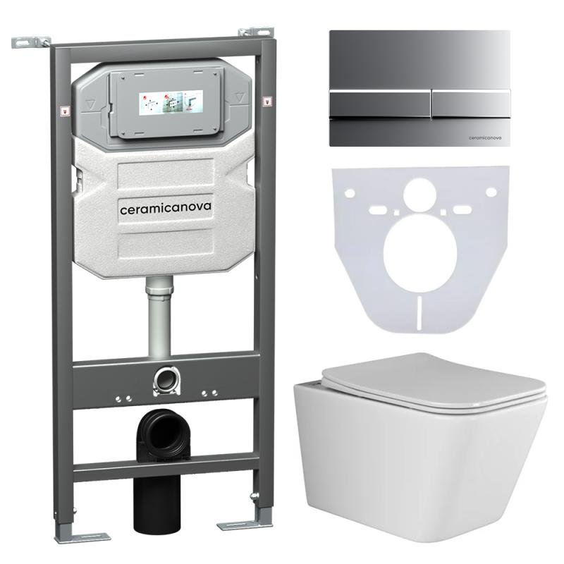 Комплект унитаза с инсталляцией Ceramicanova Metric CN3007_1002M_1000 с сиденьем Микролифт и клавишей смыва Хром матовый Комплект унитаза с инсталляцией Ceramicanova Metric CN3007_1002M_1000 с сиденьем Микролифт и клавишей смыва Хром матовый