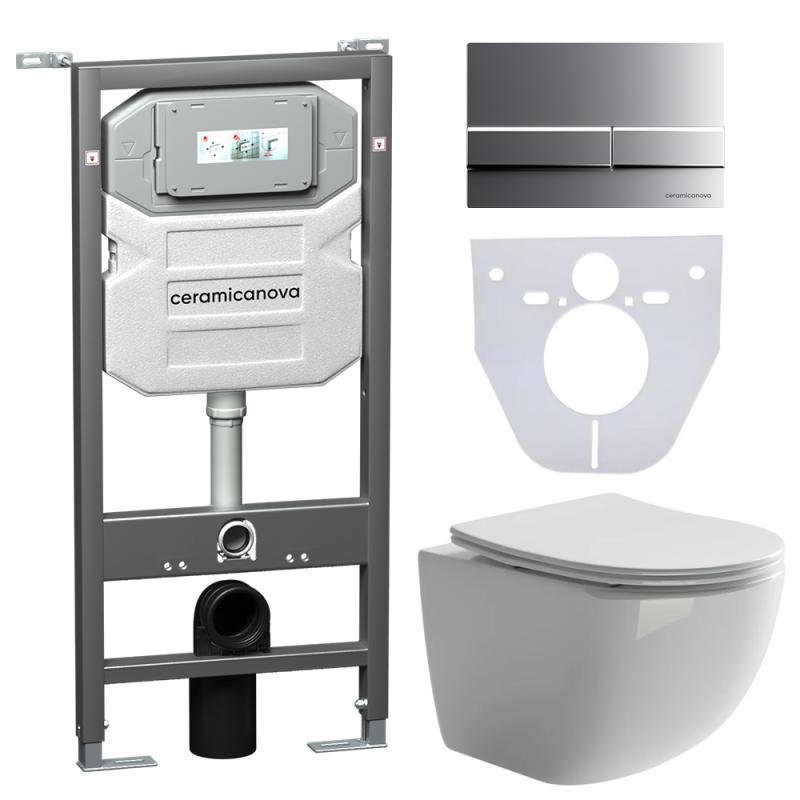 Комплект унитаза с инсталляцией Ceramicanova Forma CN3009_1002M_1000 с сиденьем Микролифт и клавишей смыва Хром матовый Комплект унитаза с инсталляцией Ceramicanova Forma CN3009_1002M_1000 с сиденьем Микролифт и клавишей смыва Хром матовый