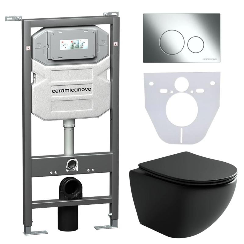 Комплект унитаза с инсталляцией Ceramicanova Metropol CN4002MB_1001CH_1000 с сиденьем Микролифт и клавишей смыва Хром Комплект унитаза с инсталляцией Ceramicanova Metropol CN4002MB_1001CH_1000 с сиденьем Микролифт и клавишей смыва Хром