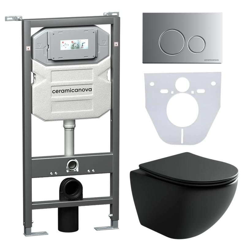 Комплект унитаза с инсталляцией Ceramicanova Metropol CN4002MB_1001M_1000 с сиденьем Микролифт и клавишей смыва Хром матовый Комплект унитаза с инсталляцией Ceramicanova Metropol CN4002MB_1001M_1000 с сиденьем Микролифт и клавишей смыва Хром матовый