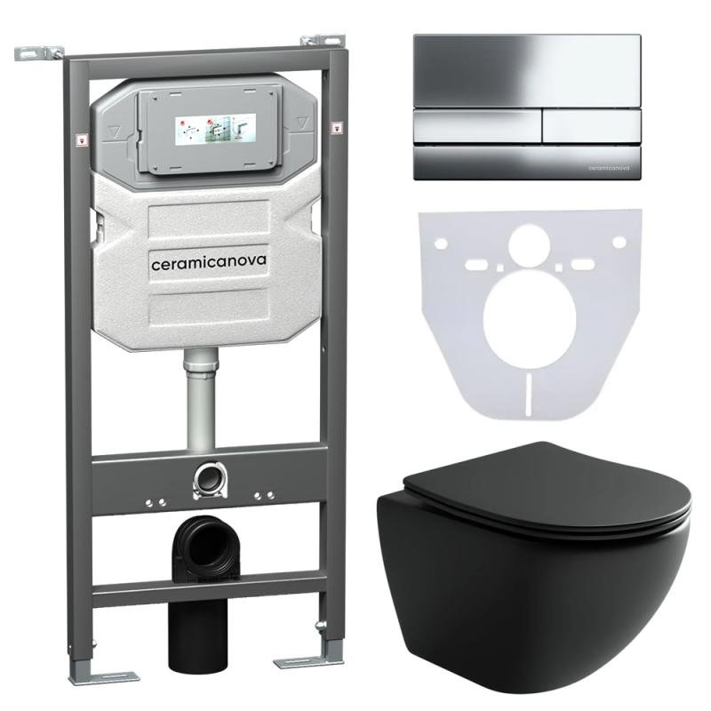 Комплект унитаза с инсталляцией Ceramicanova Metropol CN4002MB_1002CH_1000 с сиденьем Микролифт и клавишей смыва Хром Комплект унитаза с инсталляцией Ceramicanova Metropol CN4002MB_1002CH_1000 с сиденьем Микролифт и клавишей смыва Хром