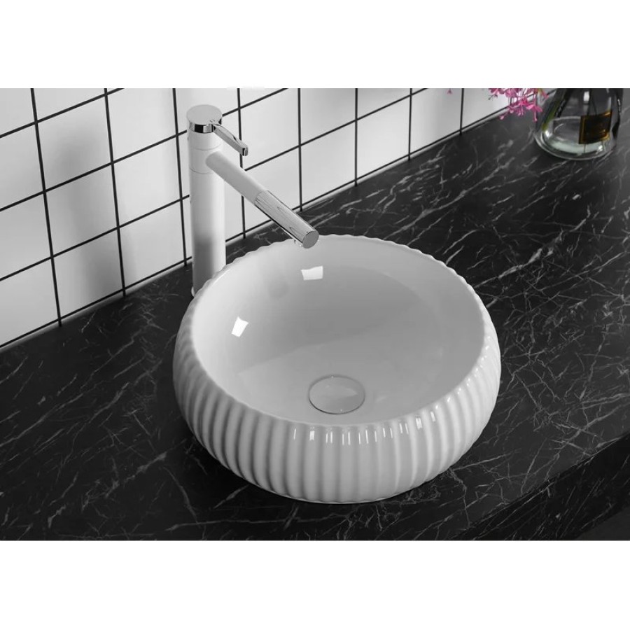Раковина CR0007 накладная, белая, круглая, ребристая 405х405х130 Ceruttispa