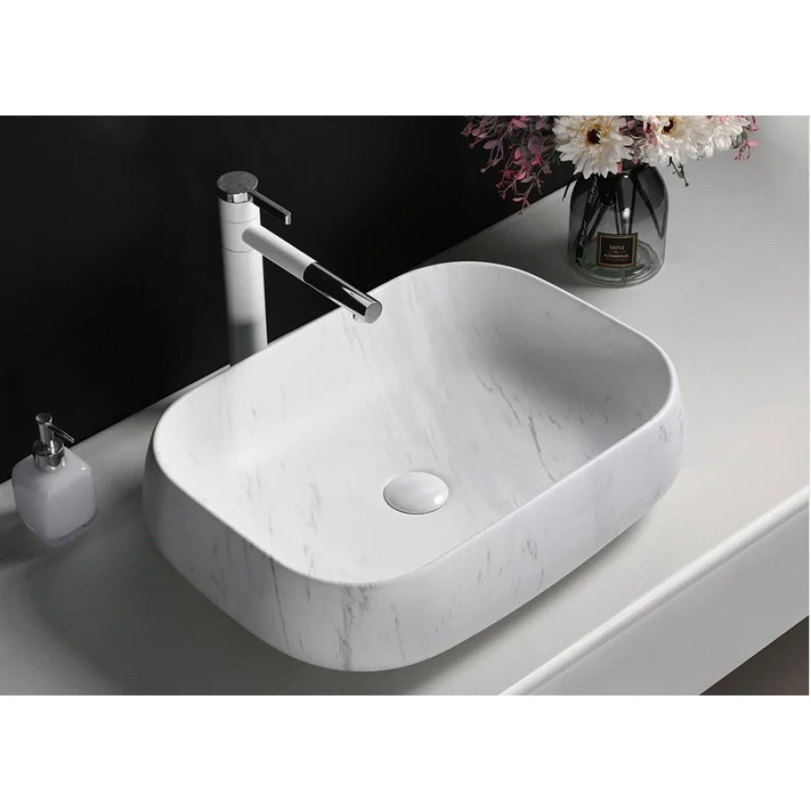 Раковина CR0086 MMW1 накладная, мрамор матовый белый, прямоугольная 565х400х145 Ceruttispa