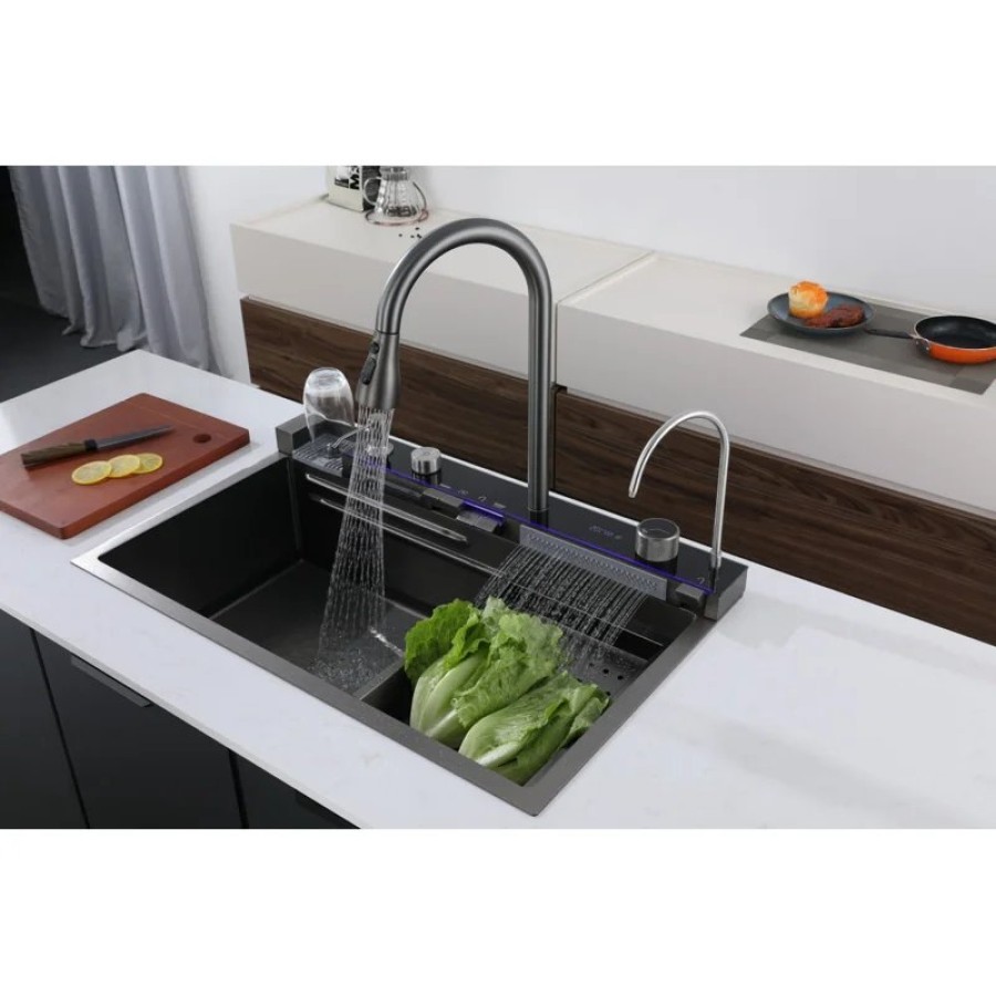 Многофункциональная мойка GLORIA II nano black (серая) из нержавеющей стали, кухонная (750х460х230) Ceruttispa