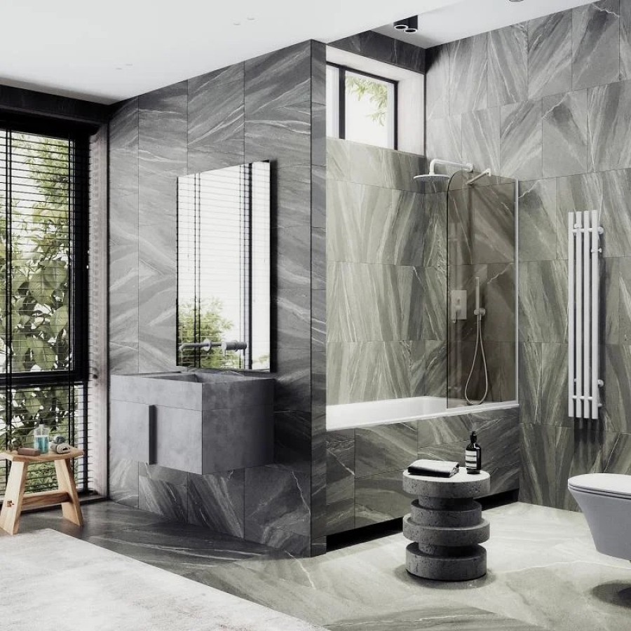 Шторка на ванну Maybah Glass MGV-71-1у 900x1400 в узком профиле Белый стекло бронзовое