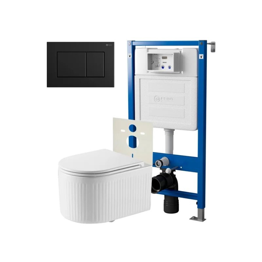 Сет: Система инсталляции Point Элемент для подвесного унитаза PN45120 + Клавиша смыва для инсталляции Point Ника, черная матовая, PN44081BM + Унитаз подвесной Point Деметра безободковый, белый, сиденье дюропласт, микролифт быстросъемн PN41121
