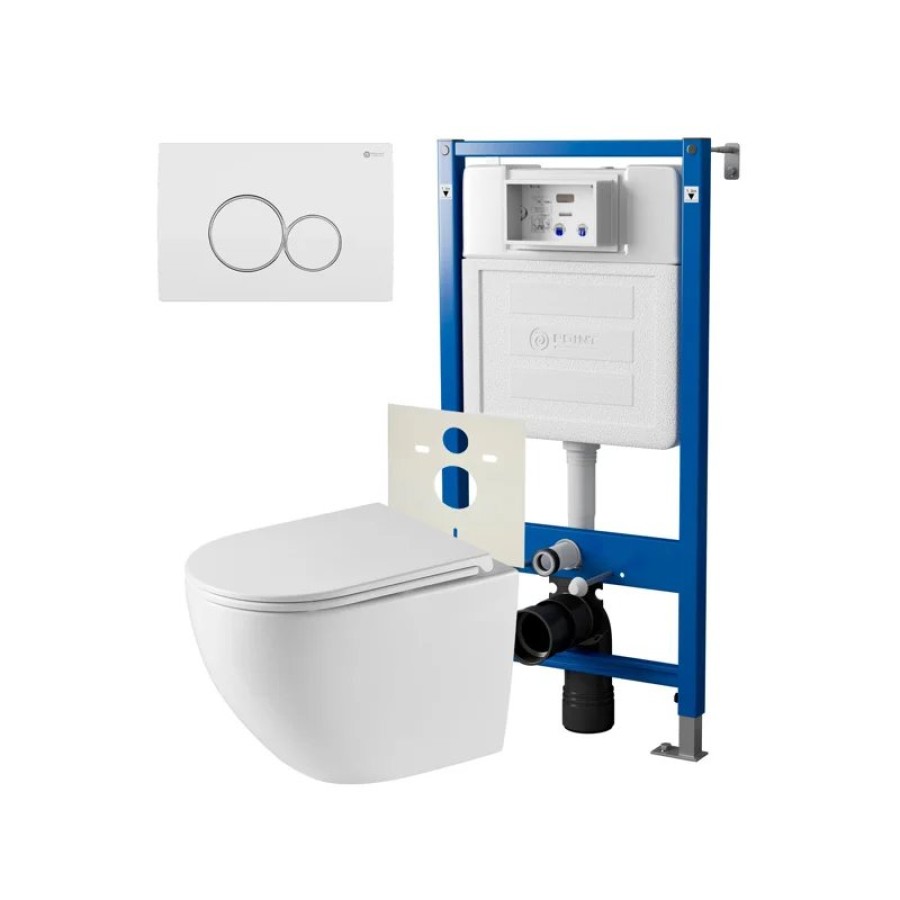 Сет: Система инсталляции Point Элемент для подвесного унитаза PN45120 + Клавиша смыва для инсталляции Point Виктория, белая/хром, PN44061WC + Унитаз подвесной Point Сатурн безободковый, белый, сиденье дюропласт микролифт быстросъемное PN41901