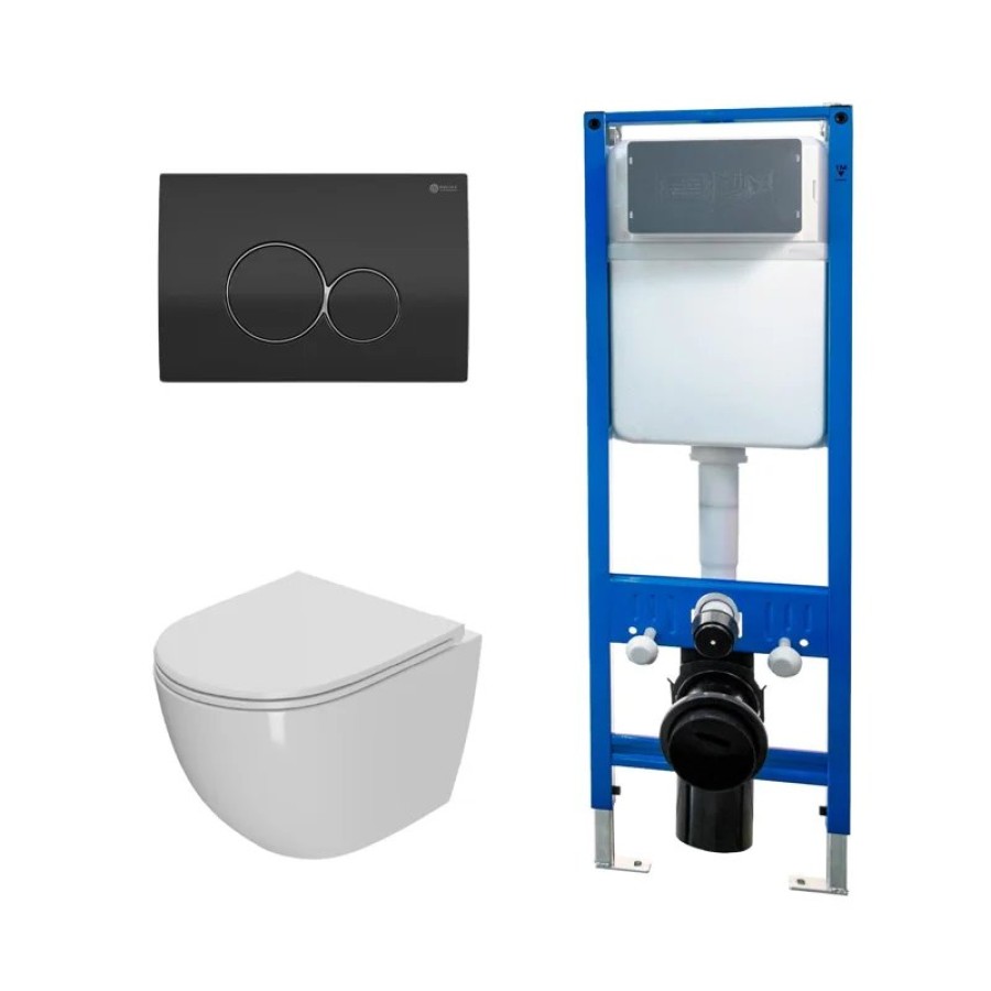 Сет: Система инсталляции Point Элемент для подвесного унитаза PN45124 + Клавиша смыва для инсталляции Point Виктория, черный/хром, PN44061BC + Унитаз подвесной Point Афина безободковый, белый, сиденье дюропласт микролифт быстросъем., PN41041
