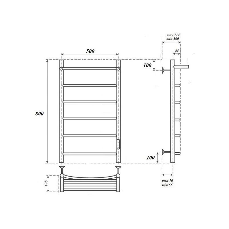 Полотенцесушитель электрический Apextermo Corona CR01185BM, ширина 50 см, высота 80 см, диммер справа, с полкой, цвет черный матовый