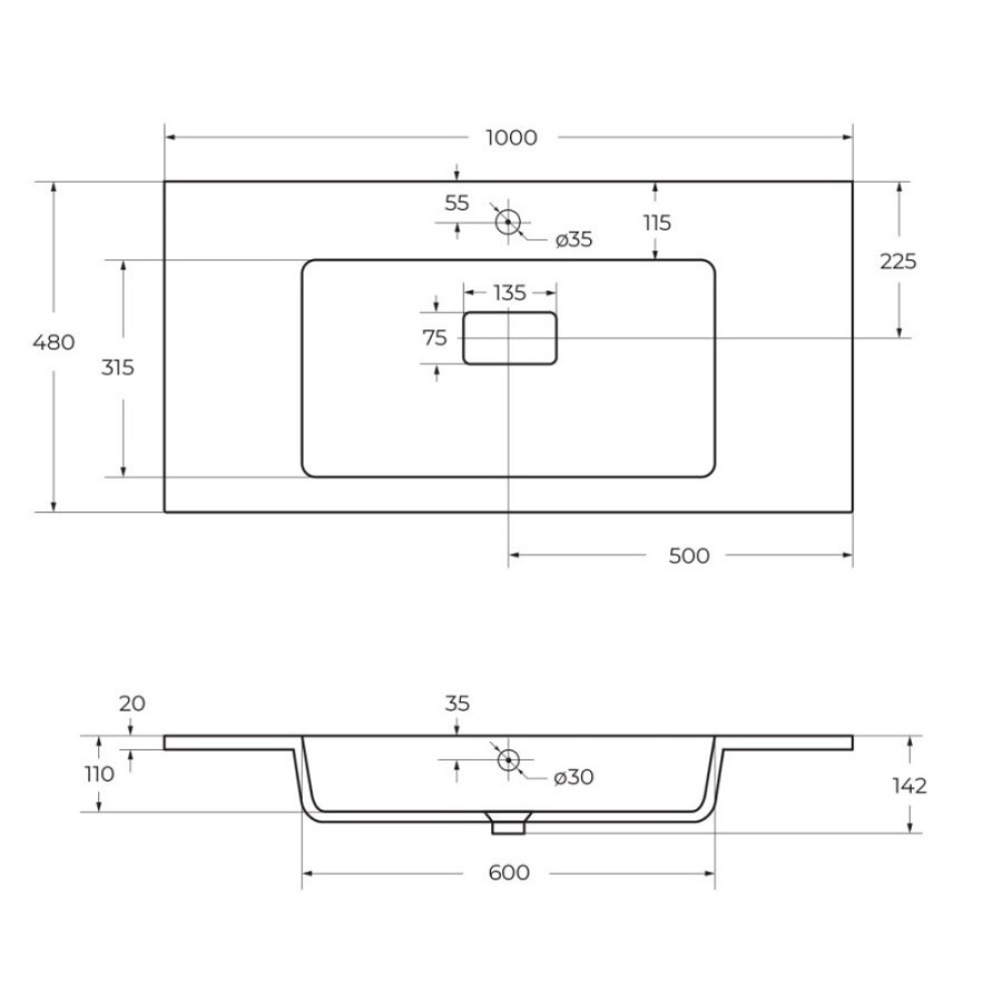Раковина Cezares Slider CZR-1000/480-LV-MR-PRS, 100 см, искусственный камень, белый