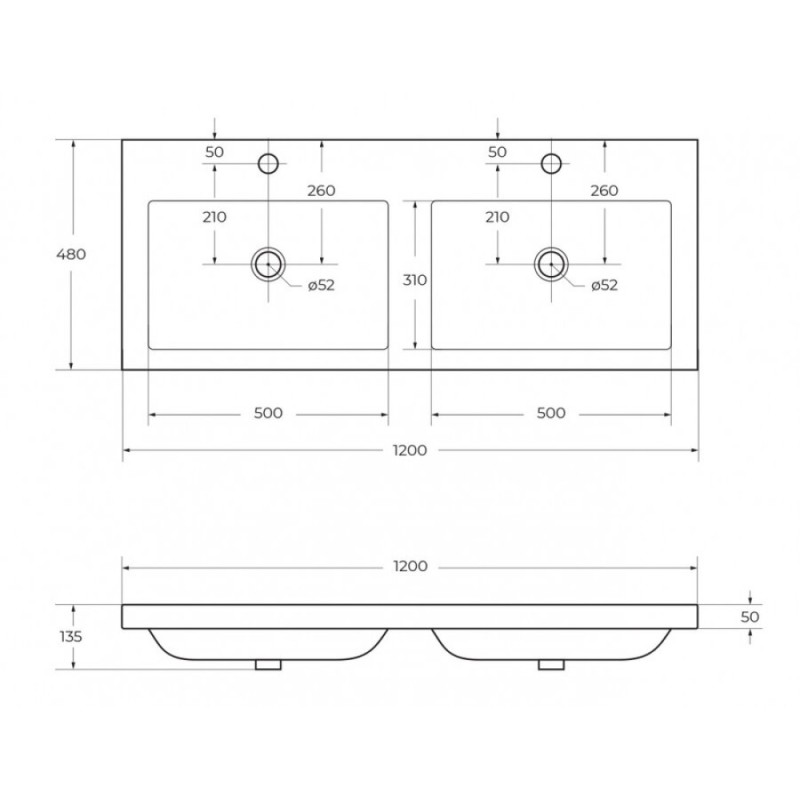 Раковина Cezares CZR-1200/480-2-LV-MR-ECO, 120 см, искусственный камень, 2 чаши, белый