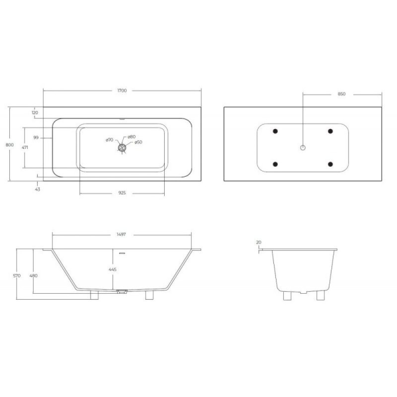 Ванна из искусственного камня Cezares Slider CZR-SLIDER-170-80-57-SSB, 170 x 80 см, цвет белый матовый