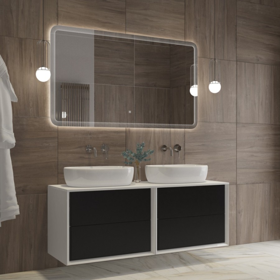 Зеркало Cezares Duet 140 x 80 см, с лазерной гравировкой, контурной подсветкой и сенсорным выключателем, белое, CZR-SPC-DUET-1400-800-LED-TCH