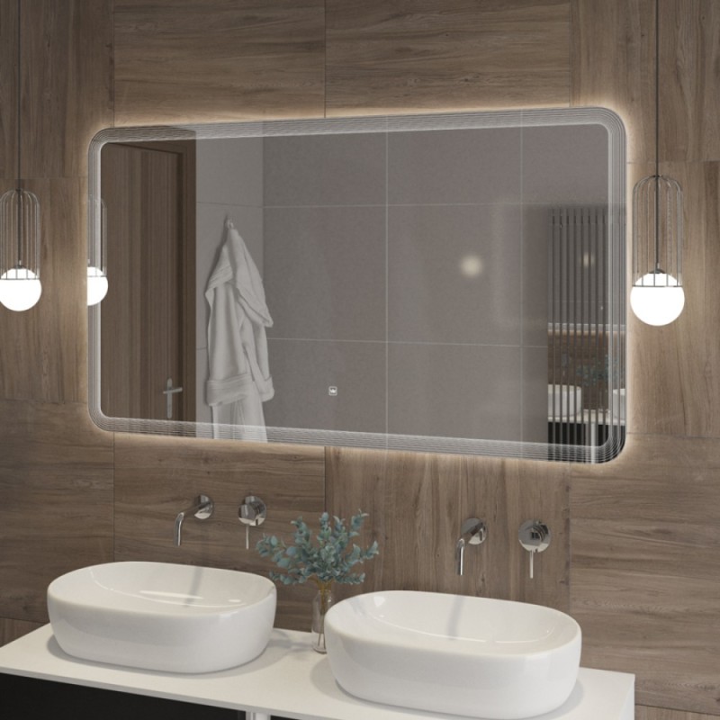 Зеркало Cezares Duet 140 x 80 см, с лазерной гравировкой, контурной подсветкой и сенсорным выключателем, белое, CZR-SPC-DUET-1400-800-LED-TCH