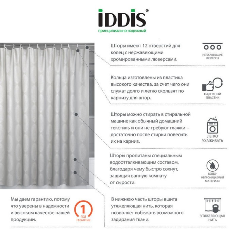Штора для ванной комнаты Iddis Decor 200 x 180 см, D02P218i11, полиэстер, серый