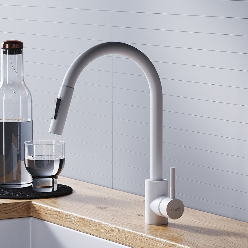 Смеситель для кухни Dorff Logic D3007533, с выдвижным изливом, белый матовый