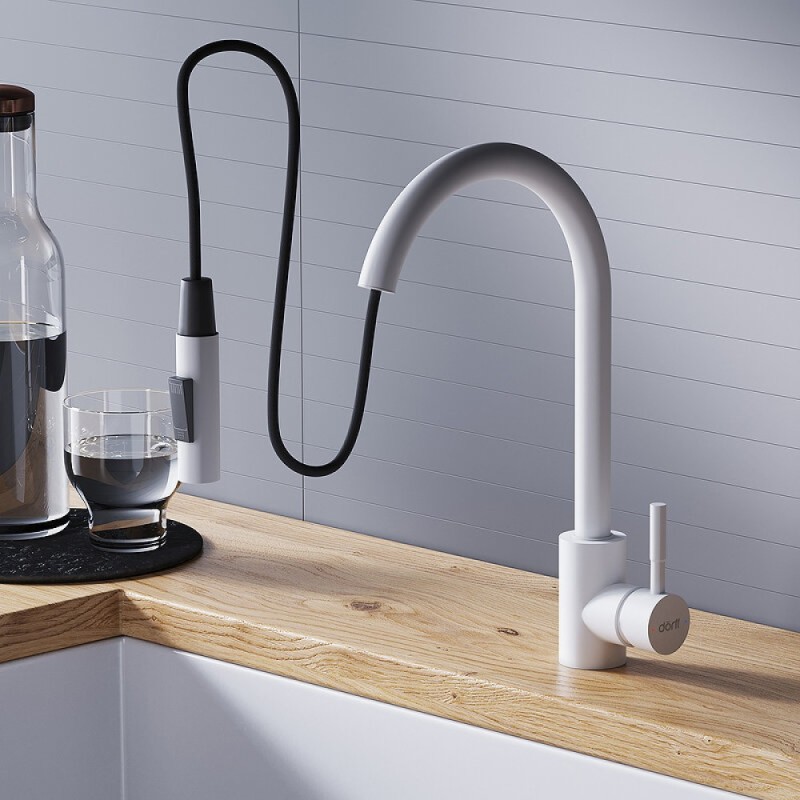 Смеситель для кухни Dorff Logic D3007533, с выдвижным изливом, белый матовый