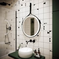Зеркало Sancos Dames DA650 65, с подсветкой, ремень из натуральной кожи черного цвета, 65 х 65 см
