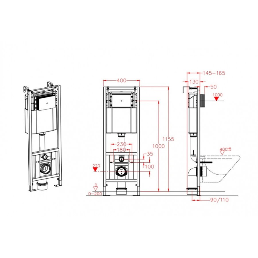 Инсталляция D&K DI8140116 для подвесного унтиза, с клавишей смыва цвета хром