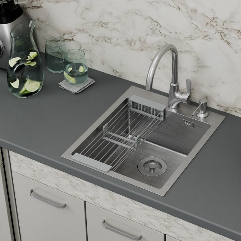 Мойка кухонная D&K, DKS415004, 40 см, в комплекте дозатор и коландер, нержавеющая сталь сатин