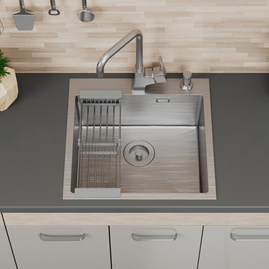 Мойка кухонная D&K, DKS505004, 50 см, в комплекте дозатор и коландер, нержавеющая сталь сатин