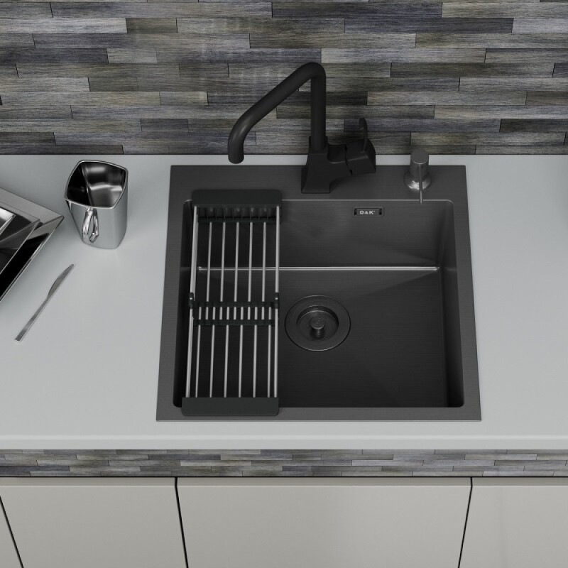 Мойка кухонная D&K, DKS505006, 50 см, в комплекте дозатор и коландер, нержавеющая сталь графит