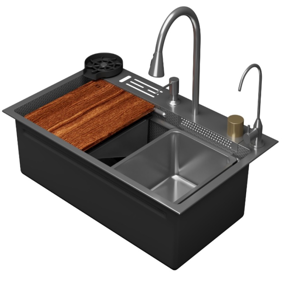 Мойка кухонная D&K, DKS754604, 75см, в комплекте со смесителем и аксессуарами, нержавеющая сталь сатин