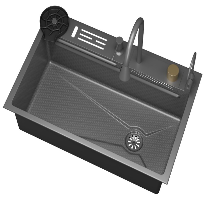 Мойка кухонная D&K, DKS754606, 75 см, в комплекте со смесителем и аксессуарами, нержавеющая сталь серая матовая