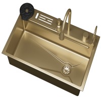Мойка кухонная D&K, DKS754607, 75см, в комплекте со смесителем и аксессуарами, нержавеющая сталь матовое золото