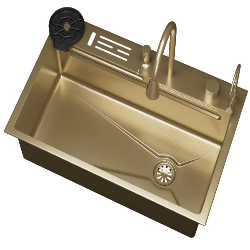 Мойка кухонная D&K, DKS754607, 75см, в комплекте со смесителем и аксессуарами, нержавеющая сталь матовое золото