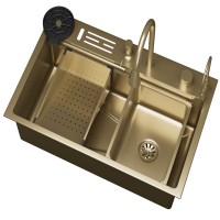Мойка кухонная D&K, DKS754607, 75см, в комплекте со смесителем и аксессуарами, нержавеющая сталь матовое золото