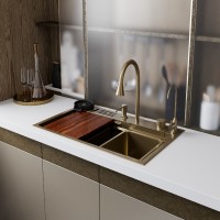 Мойка кухонная D&K, DKS754607, 75см, в комплекте со смесителем и аксессуарами, нержавеющая сталь матовое золото