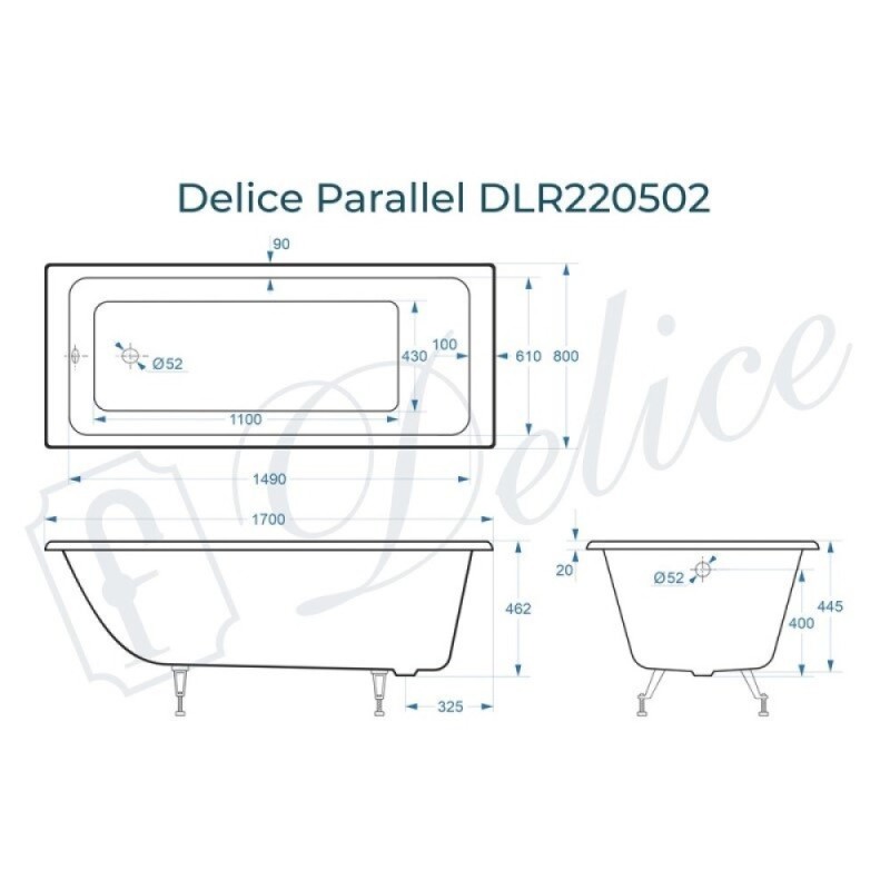 Ванна чугунная Delice Parallel DLR220502, 170 х 80 см, без покрытия, без ручек, цвет белый