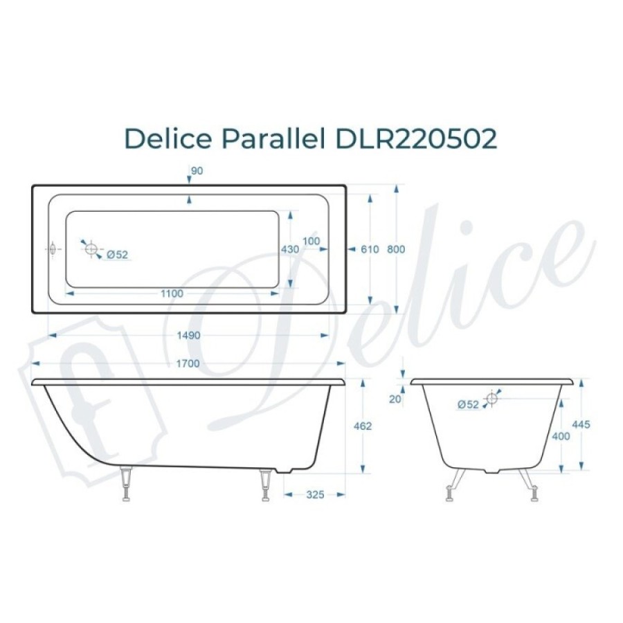 Ванна чугунная Delice Parallel DLR220502, 170 х 80 см, без покрытия, без ручек, цвет белый