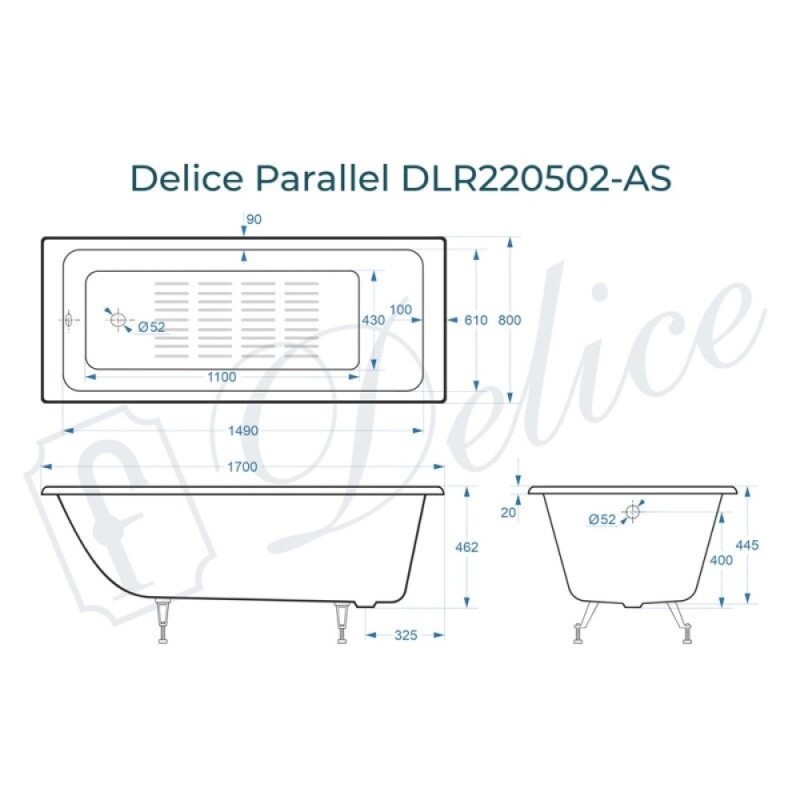 Ванна чугунная Delice Parallel DLR220502-AS, 170 х 80 см, антискользящее покрытие, без ручек, цвет белый