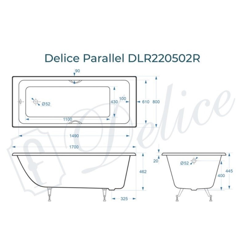 Ванна чугунная Delice Parallel DLR220502R, 170 х 80 см, без покрытия, с ручками хром, цвет белый