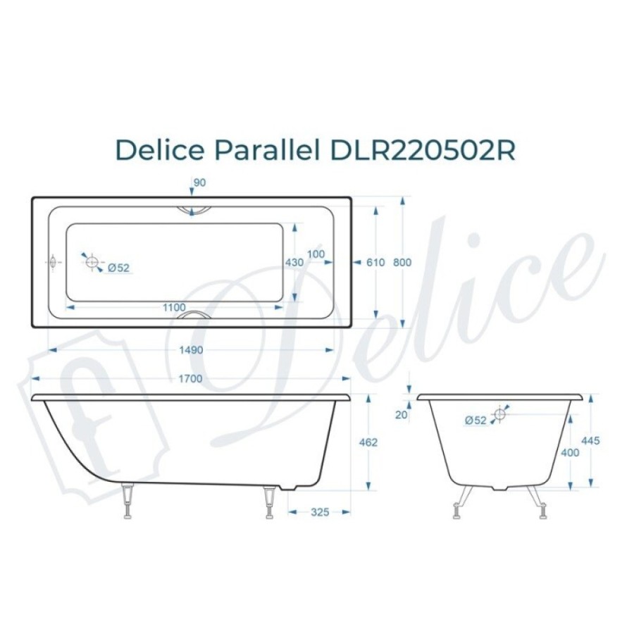 Ванна чугунная Delice Parallel DLR220502R, 170 х 80 см, без покрытия, с ручками хром, цвет белый
