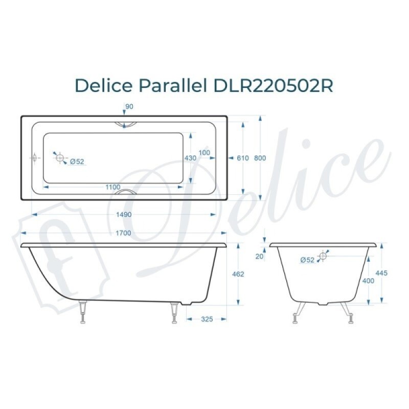 Ванна чугунная Delice Parallel DLR220502RB, 170 х 80 см, без покрытия, ручки черные матовые, цвет белый