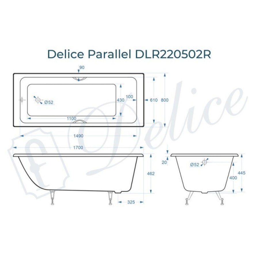 Ванна чугунная Delice Parallel DLR220502RB, 170 х 80 см, без покрытия, ручки черные матовые, цвет белый