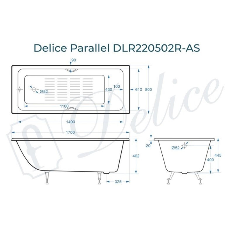 Ванна чугунная Delice Parallel DLR220502RB-AS, 170 х 80 см, антискользящее покрытие, ручки черные матовые, цвет белый