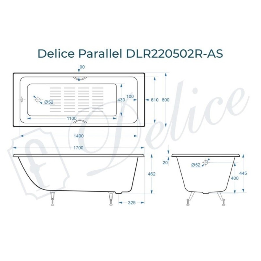Ванна чугунная Delice Parallel DLR220502RB-AS, 170 х 80 см, антискользящее покрытие, ручки черные матовые, цвет белый